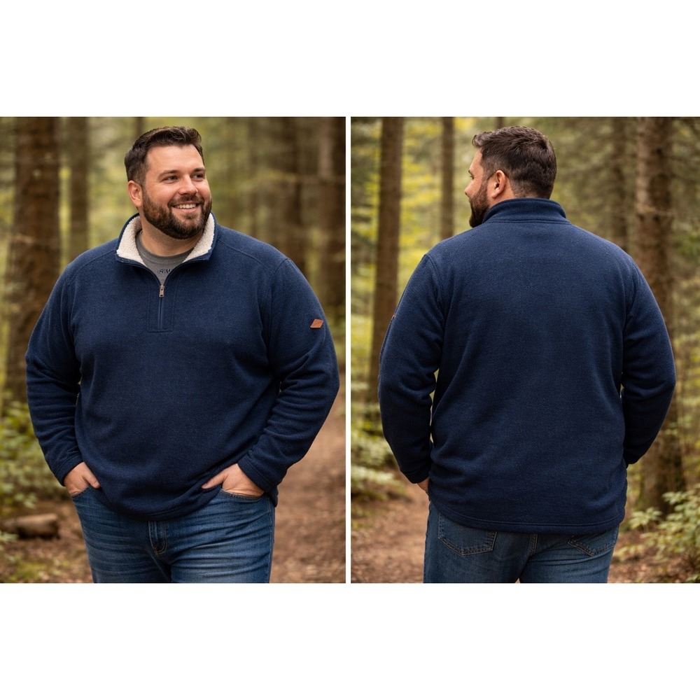 Orvis Mens XL Navy‎ Blue Sherpa Lined Quarter Zip Textured Knit Pullover Sweater